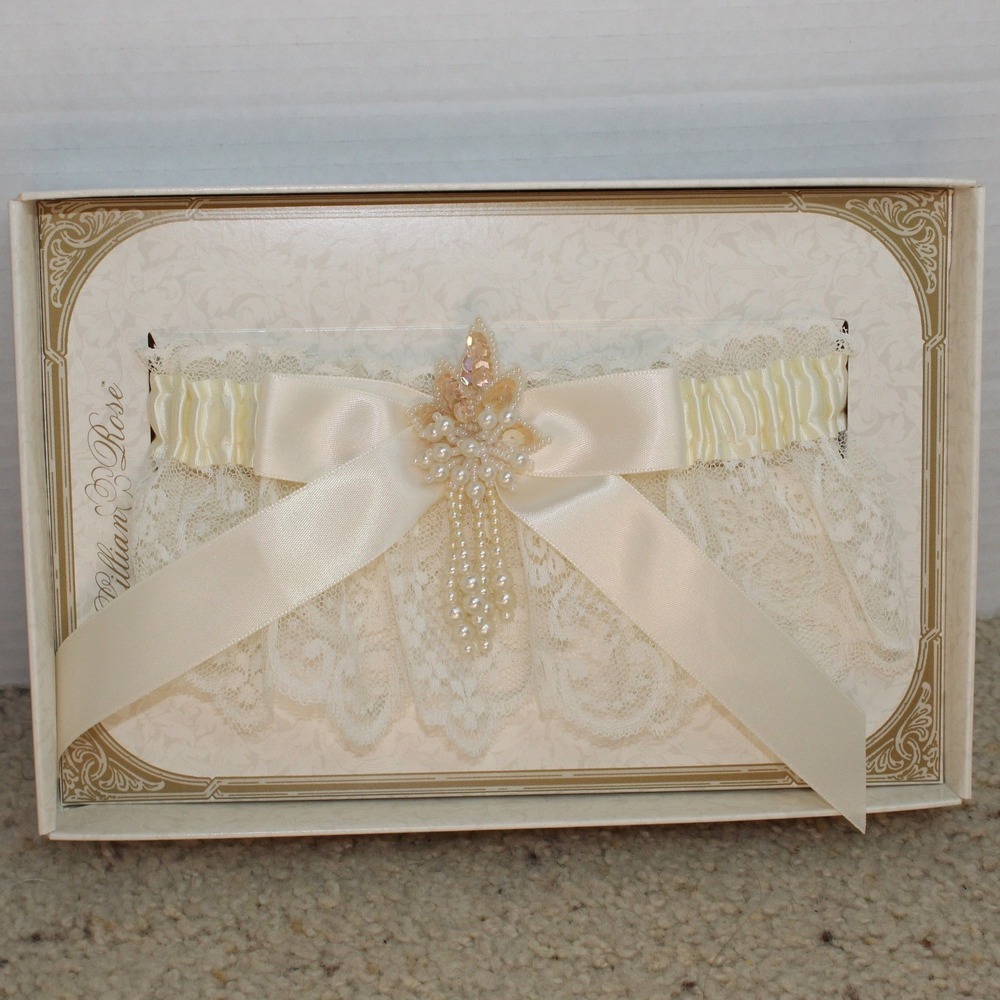 Lillian Rose Wedding Garter Lace Pearl Beaded Bow Ivory Cream Bridal Accessory